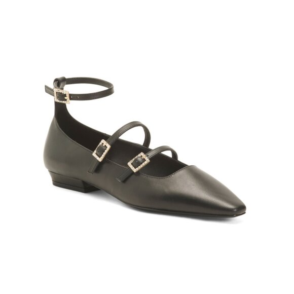 BCBG Black Leather Taji Triple Buckle Flats